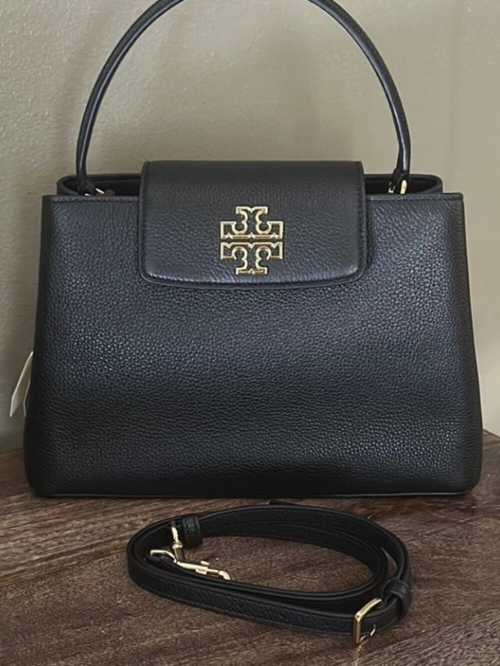 TORY BURCH PEBBLED LEATHER BRITTEN SATCHEL BLACK & GOLD